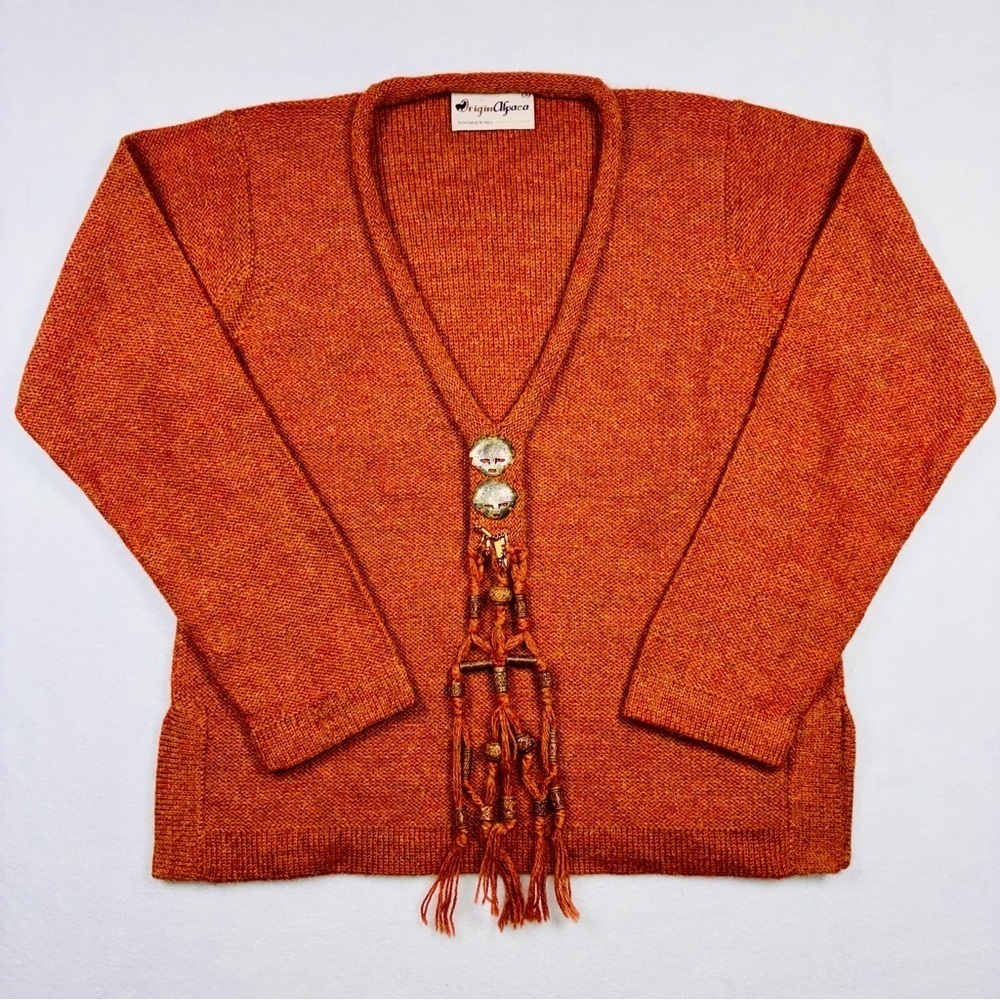 Origin 100% Alpaca V-Neck Sweater Vtg Womens Small Rust Peruvian Boho Artisan